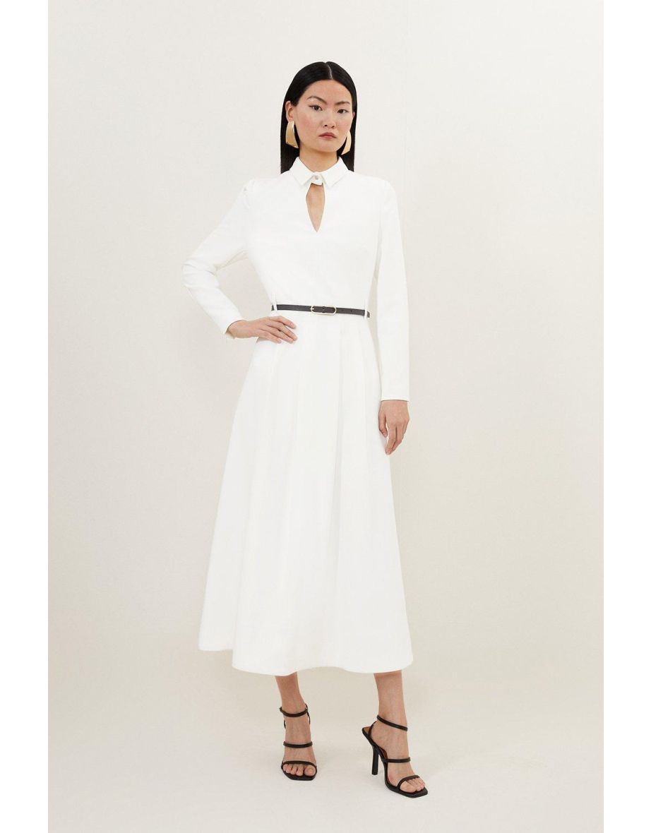 Clean Tailored Pleat Detail Full Skirted Shirt Dress