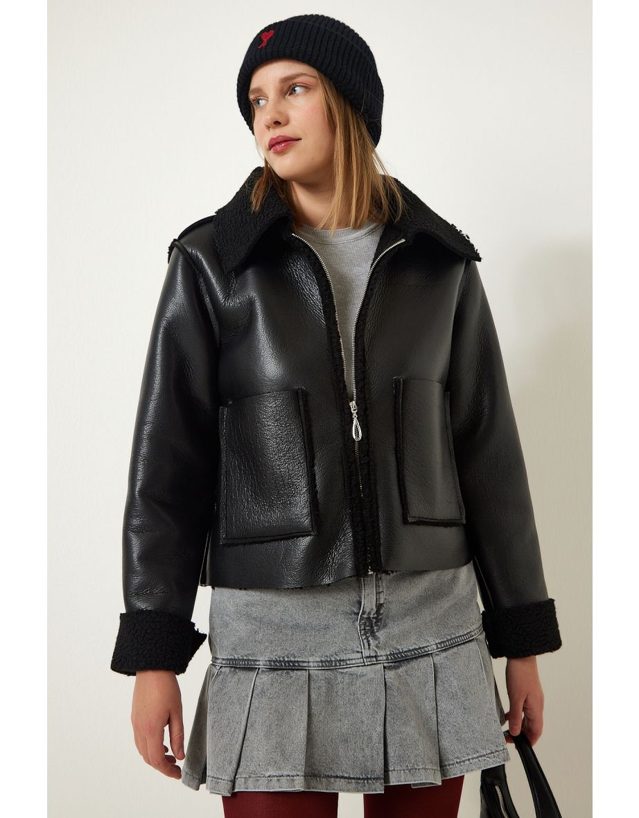 Black Fur Collar Wide Pocket Faux Leather Jacket