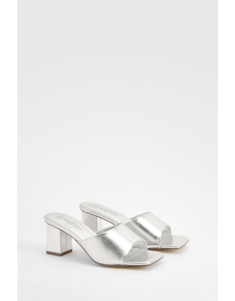 Wide Fit Metallic Low Block Heeled Mule - silver