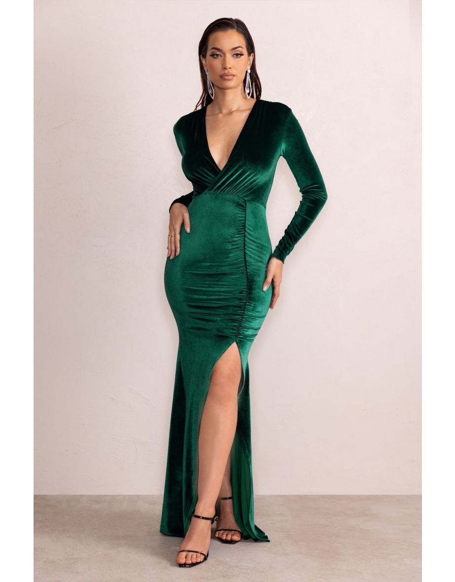 Elivia | Bottle Green Velvet Long Sleeve Plunge Neck Maxi Dress - 3