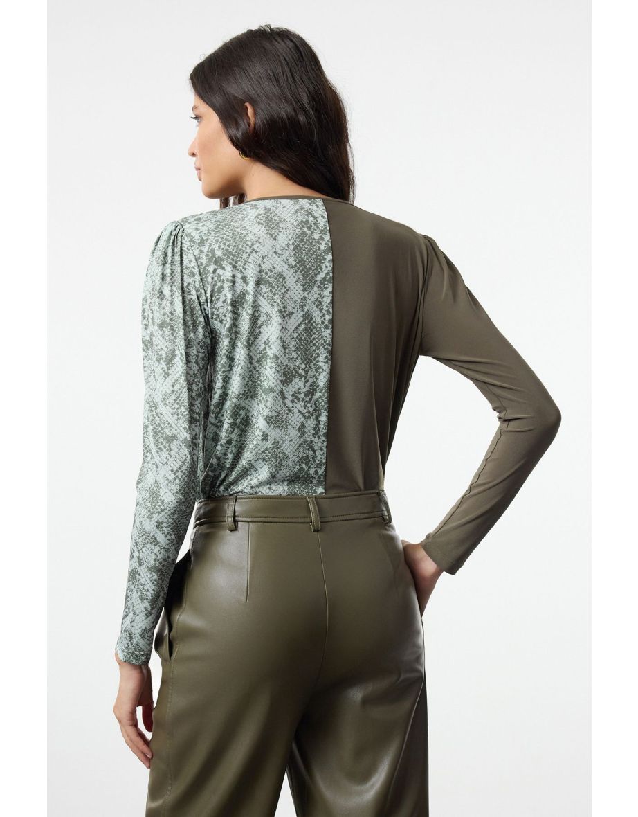 Mint Color Block Animal Patterned Double Breasted Elastic Snap Knit Bodysuit - 4