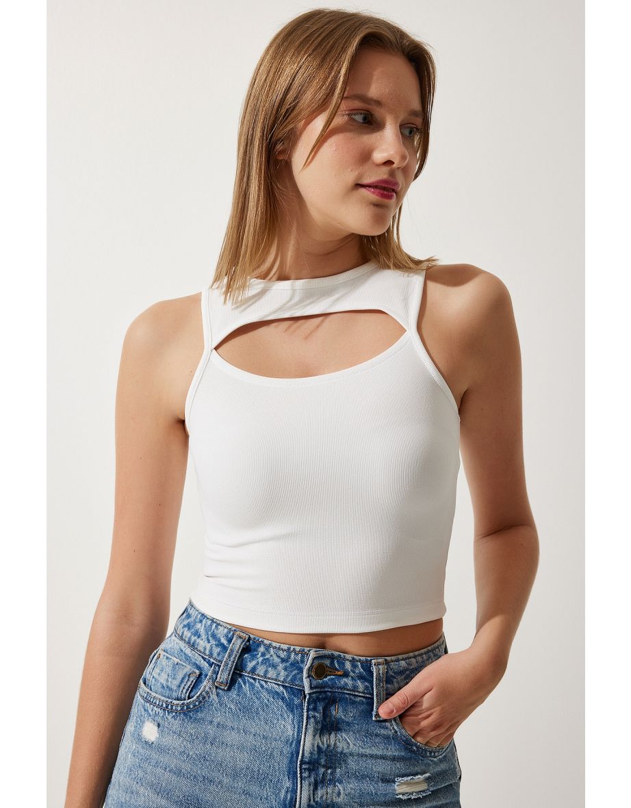 Women's White Cut Out Detailed Ribbed Crop Knitted Blouse