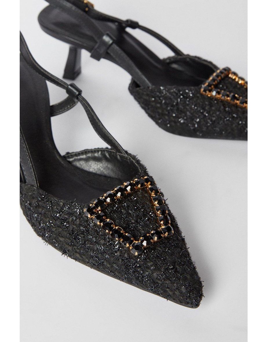 Faith: Cassidy Woven Textile Jewelled Brooch Detail Slingback Court Shoes - 2