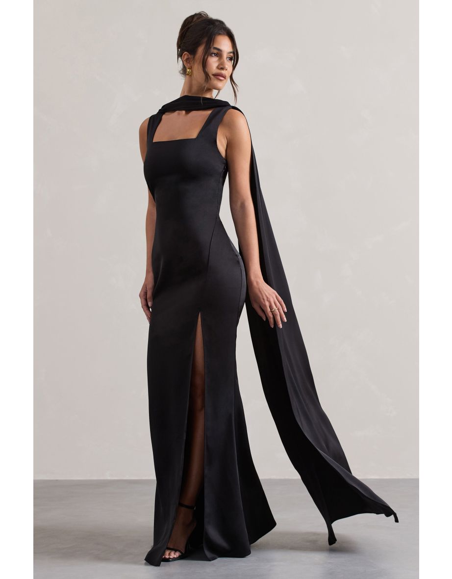 Intuition | Black Satin Square-Neck Split Maxi Dress With Scarf - 4