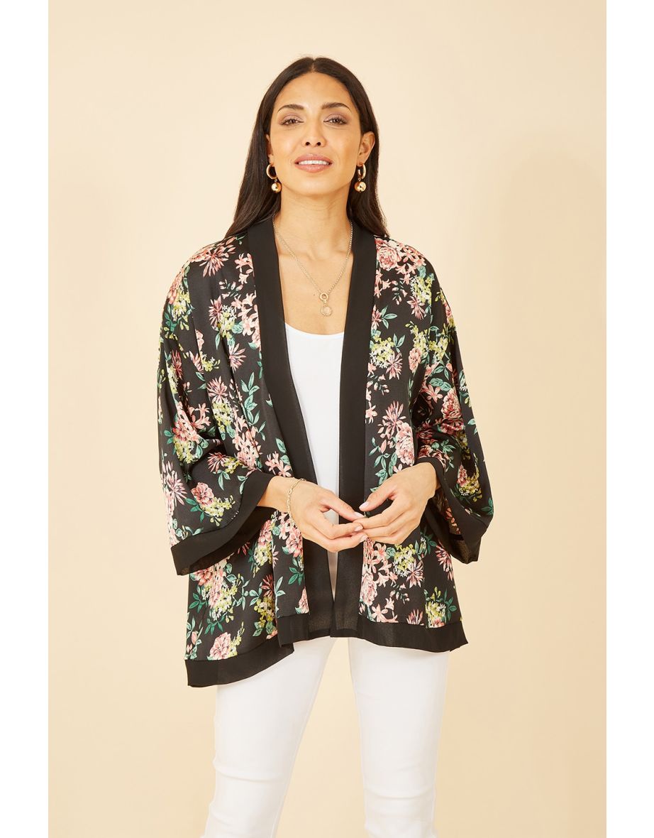 Mela Black Floral Satin Kimono