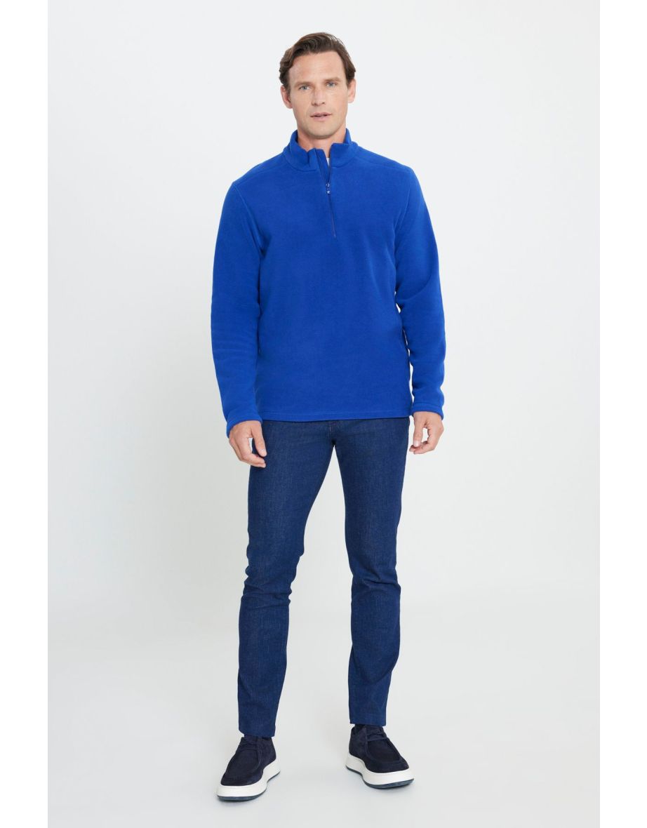 Men's Saxe Blue Anti-pilling Anti-Pilling Heat-Proof Standard Fit High Neck Fleece Sweatshirt