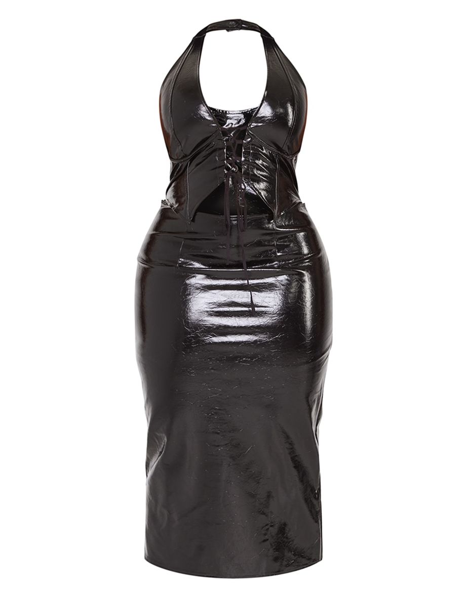 Plus Black Washed Faux Leather Lace Up Plunge Halterneck Midi Dress - 4