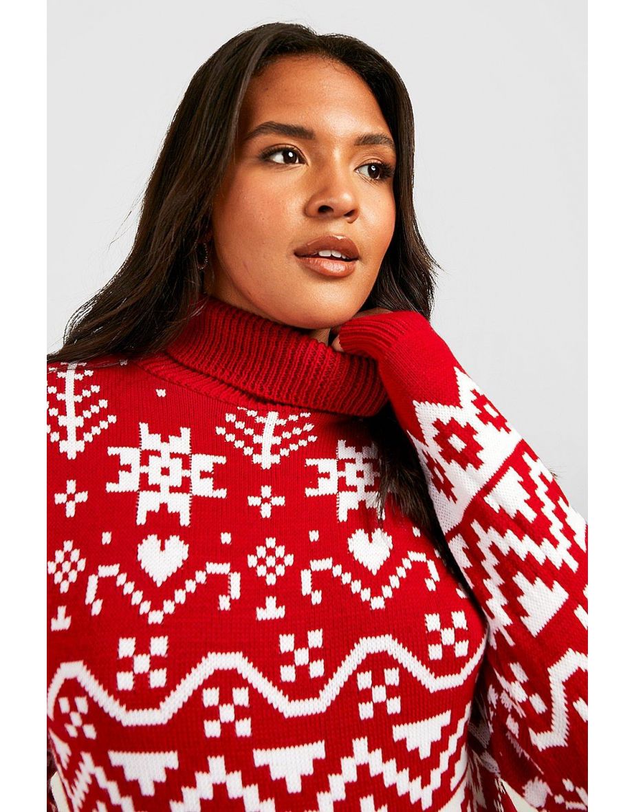 Plus Fairisle Roll Neck Jumper Dress - red - 3