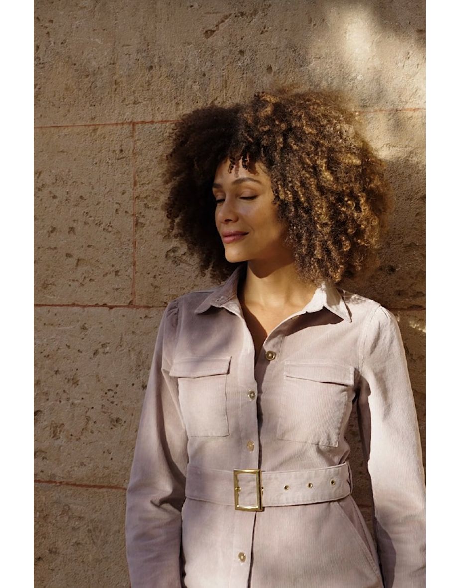 Taupe Corduroy Belted Midi Shirt Dress With Pocket Detail - 3