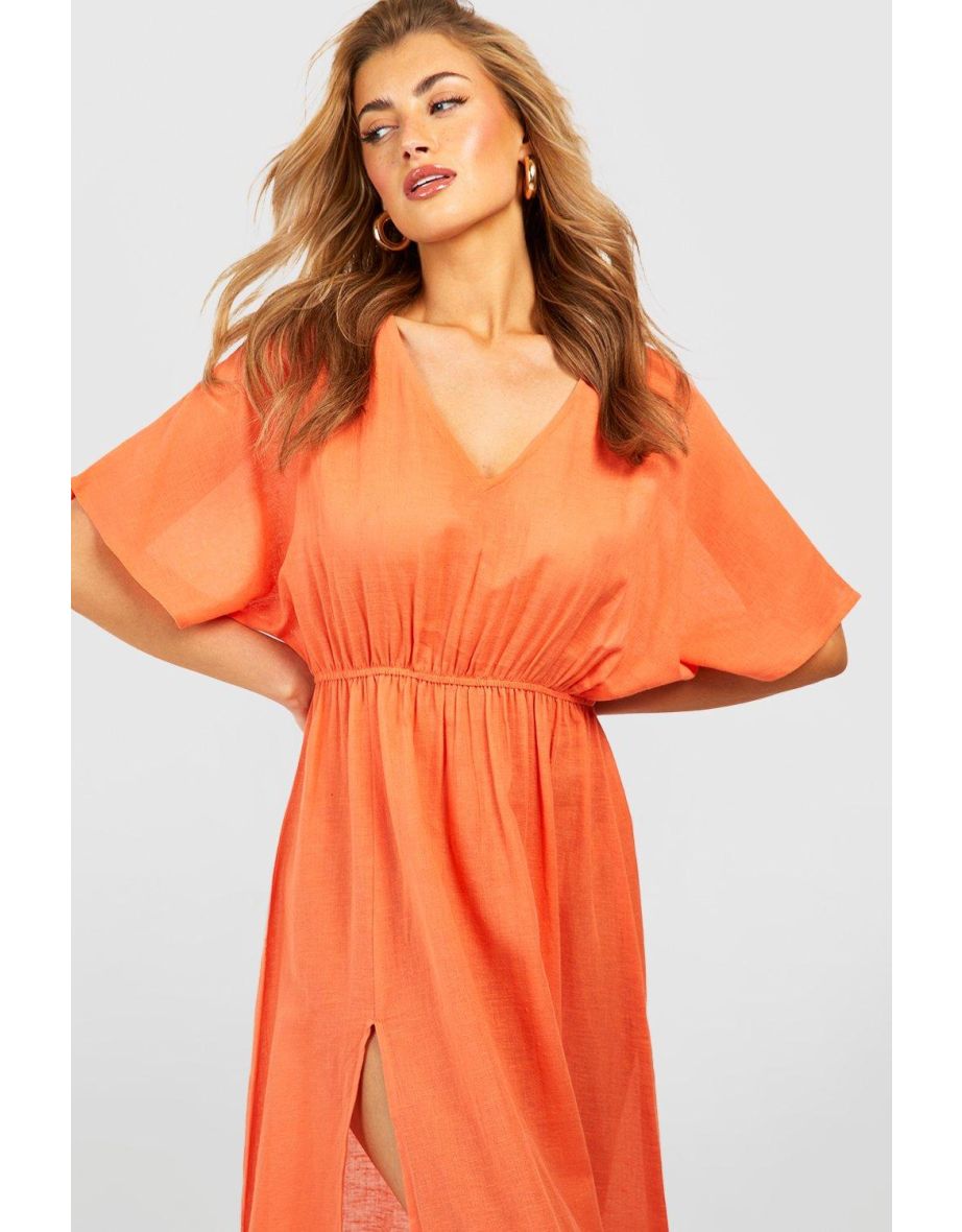 Linen Look Tie Waist Maxi Beach Kaftan Dress - tropical orange - 3