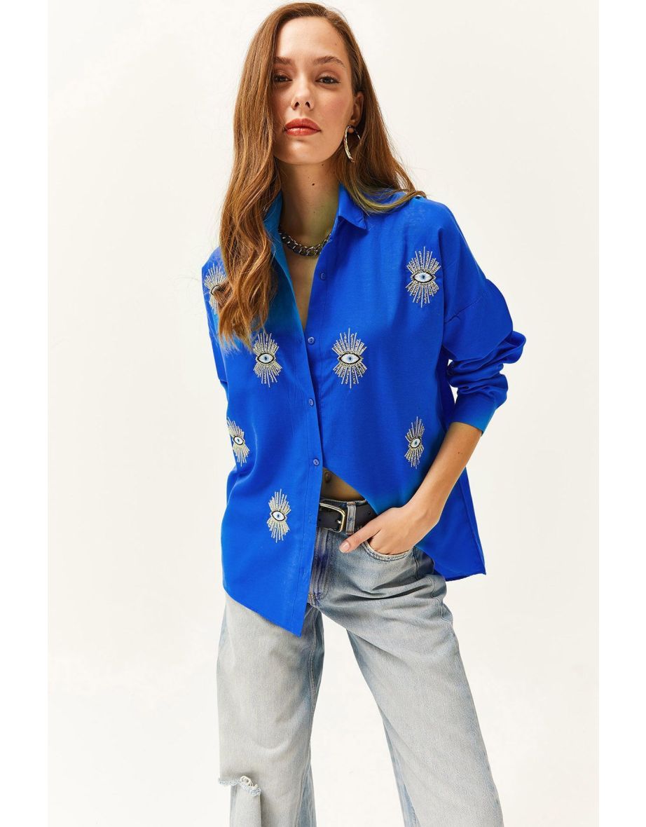 Women's Saxe Blue Sequin Detailed Woven Boyfriend Shirt c
