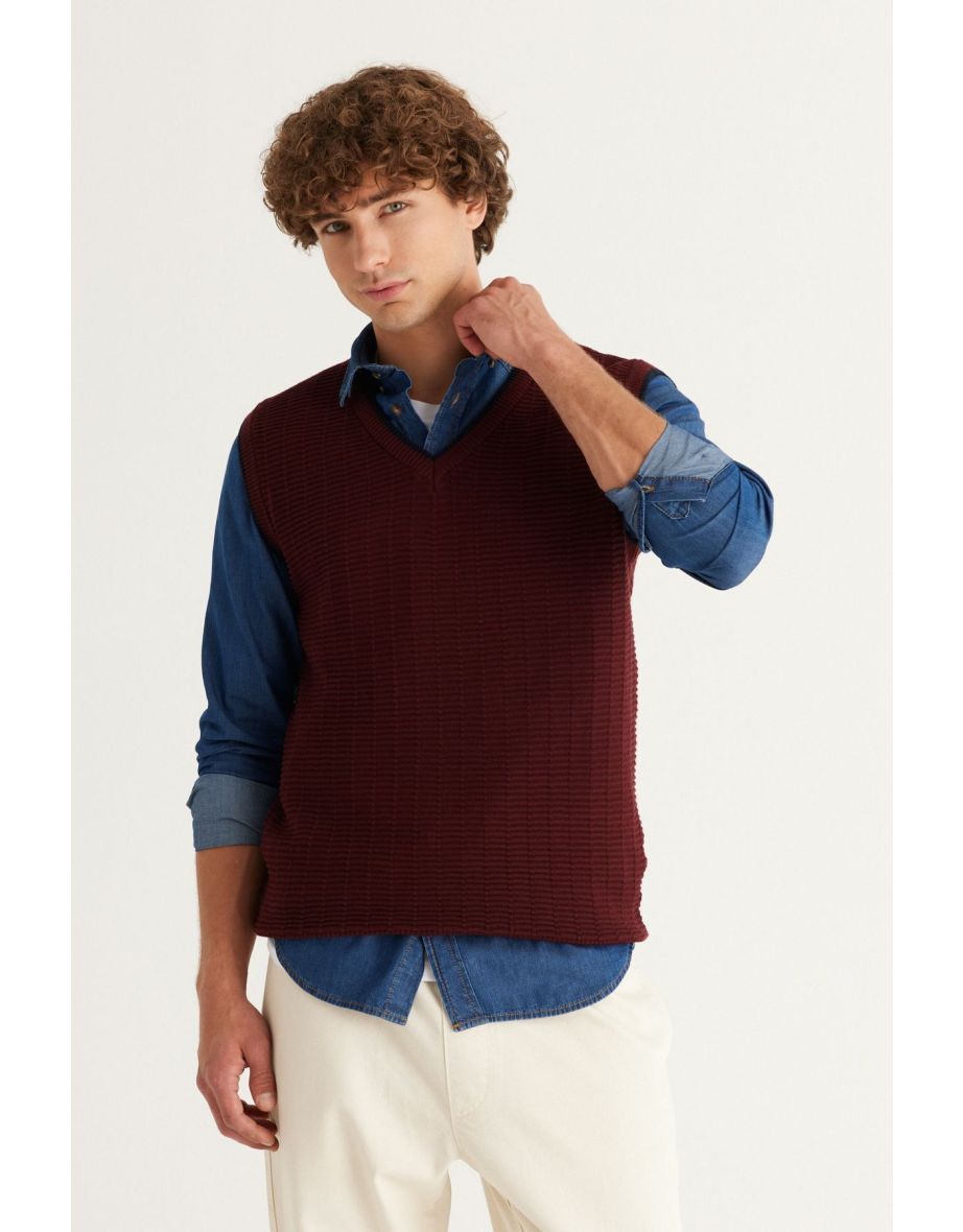 Men's Burgundy Standard Fit Normal Cut V-Neck Cotton Knitwear Sweater - 4