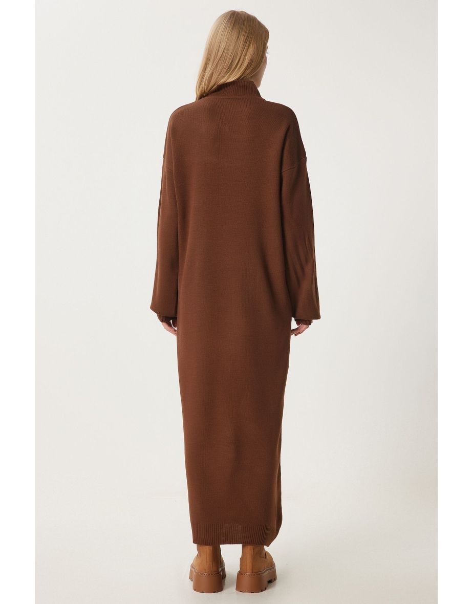 Women's Brown Turtleneck Long Knit Dress - 4