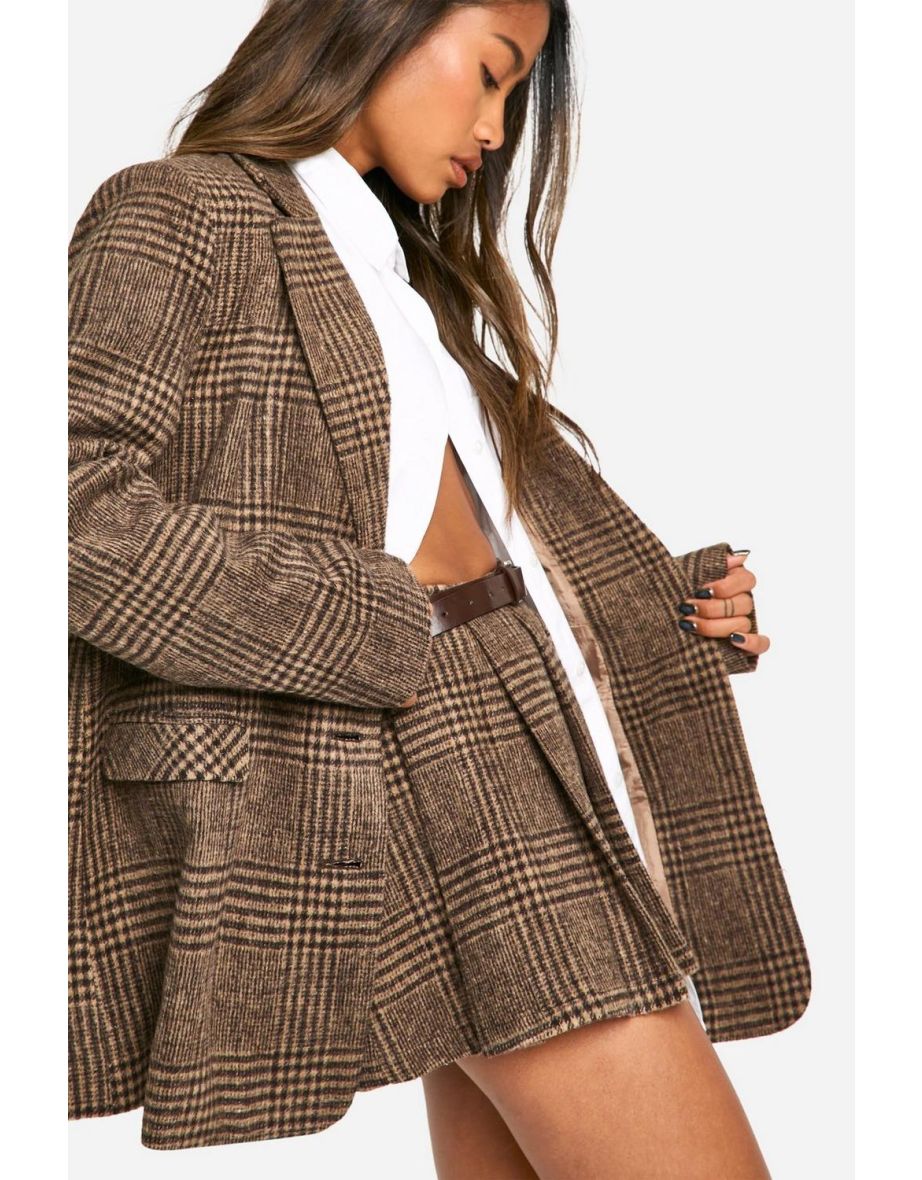Premium Wool Look Check Oversized Blazer - chocolate - 3