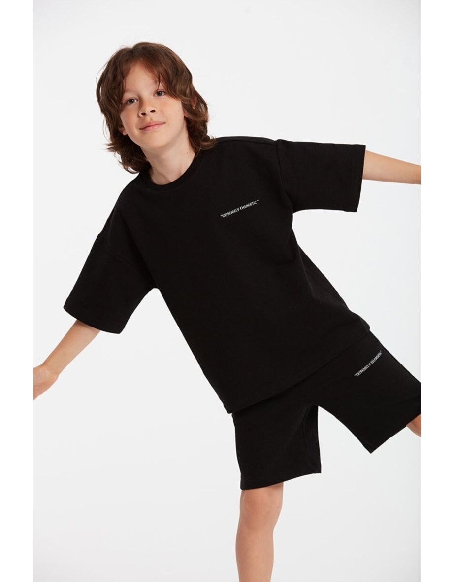 Bogota Boy's Embroidered Crew Neck Black Tracksuit Set
