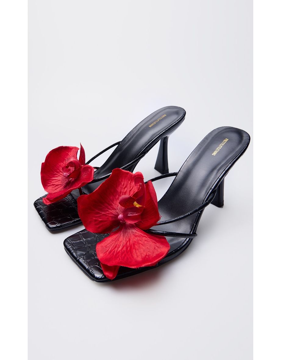 Black Croc PU Red Flower Square Toe Heeled Mules - 3