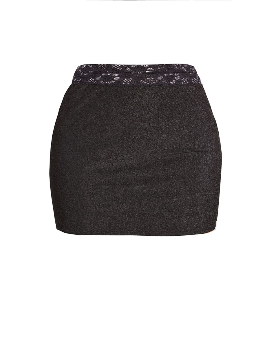 Petite Black Glitter Lace Detail Mini Skirt - 5