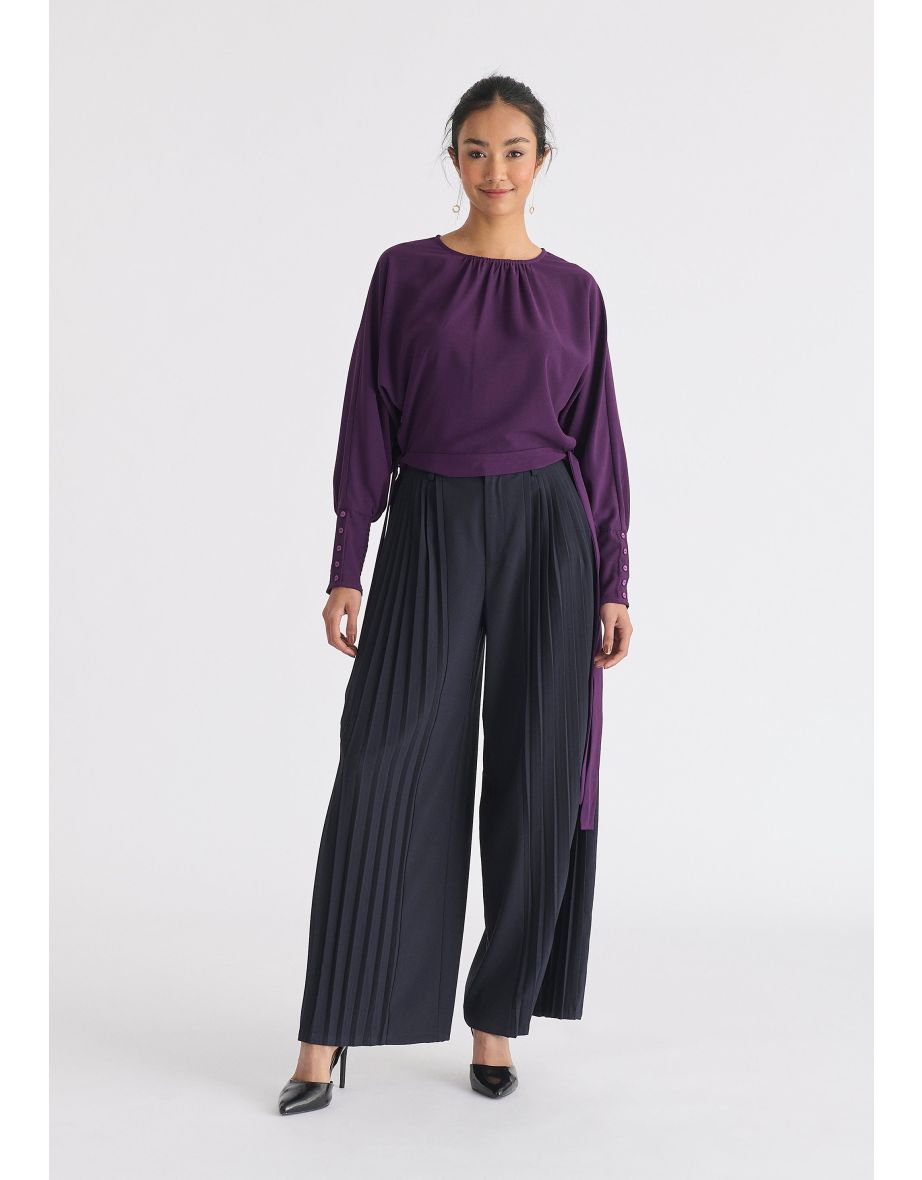 Waist Tie Top with Shirred Cuffs