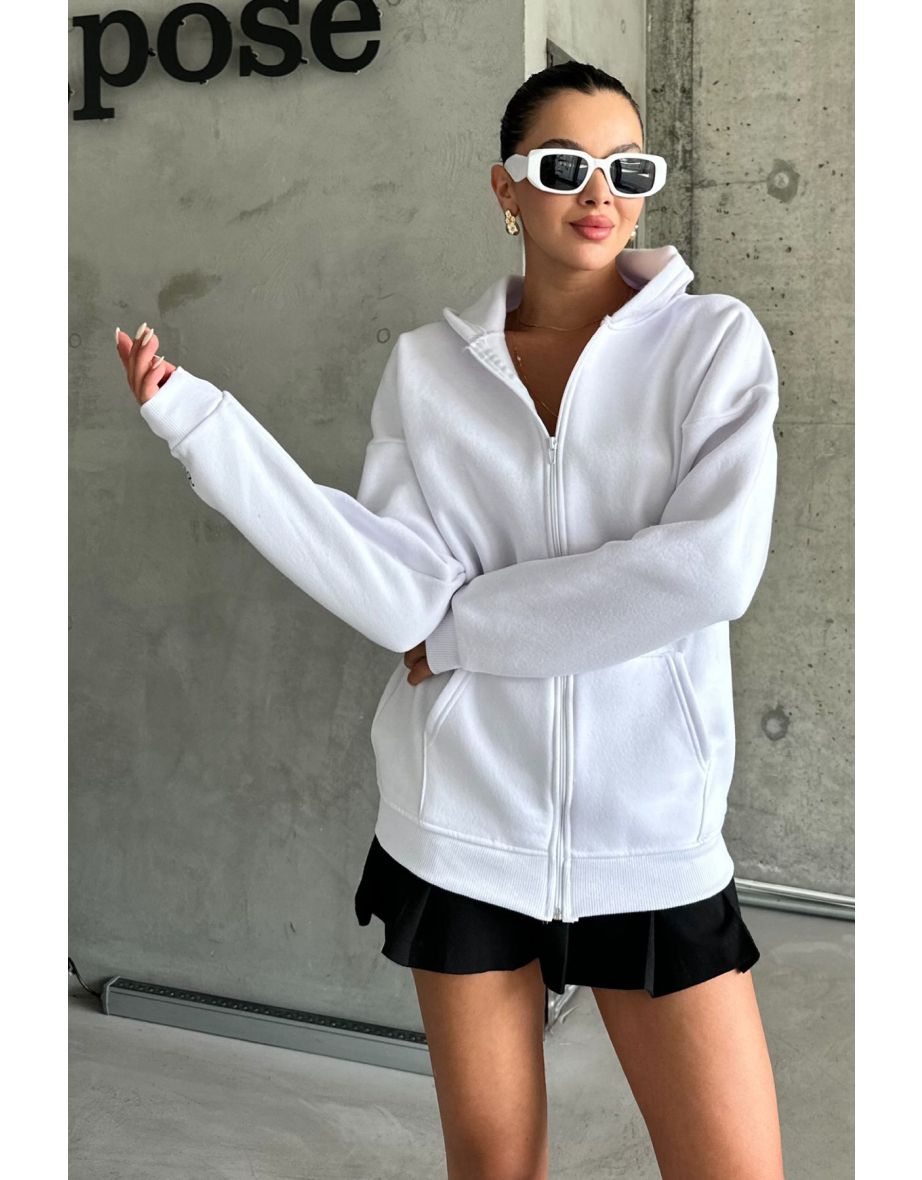 White Hola Printed Oversize Zipper Hoodie - 6