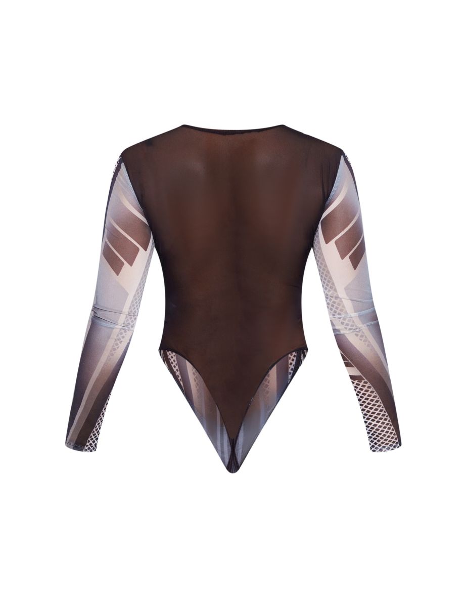 Grey Corset Print Mesh Bodysuit - 5