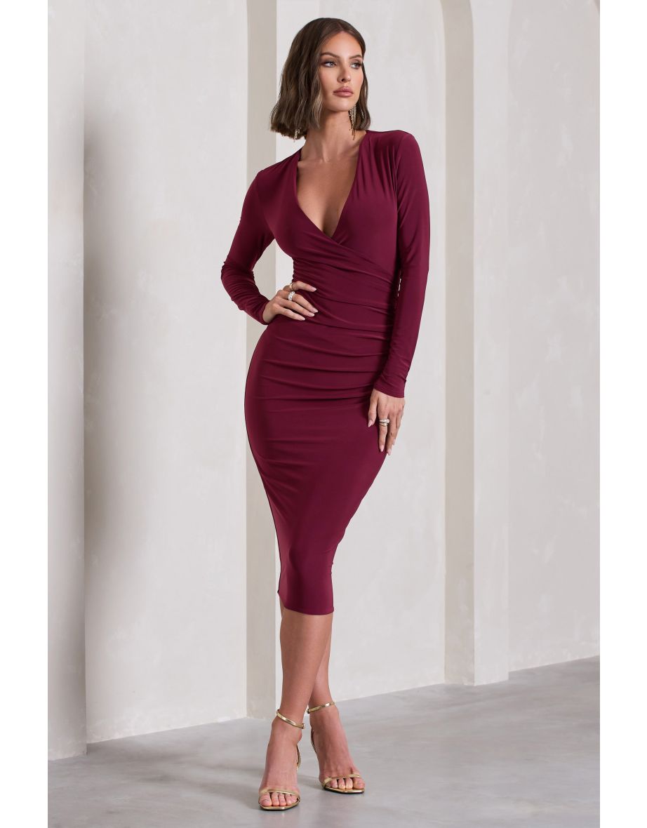 Marcia | Burgundy Bodycon Plunge-Neck Midi Dress - 4