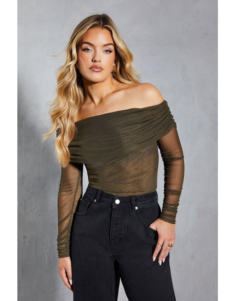 Mesh Ruched Drape Bardot Long Sleeve Top