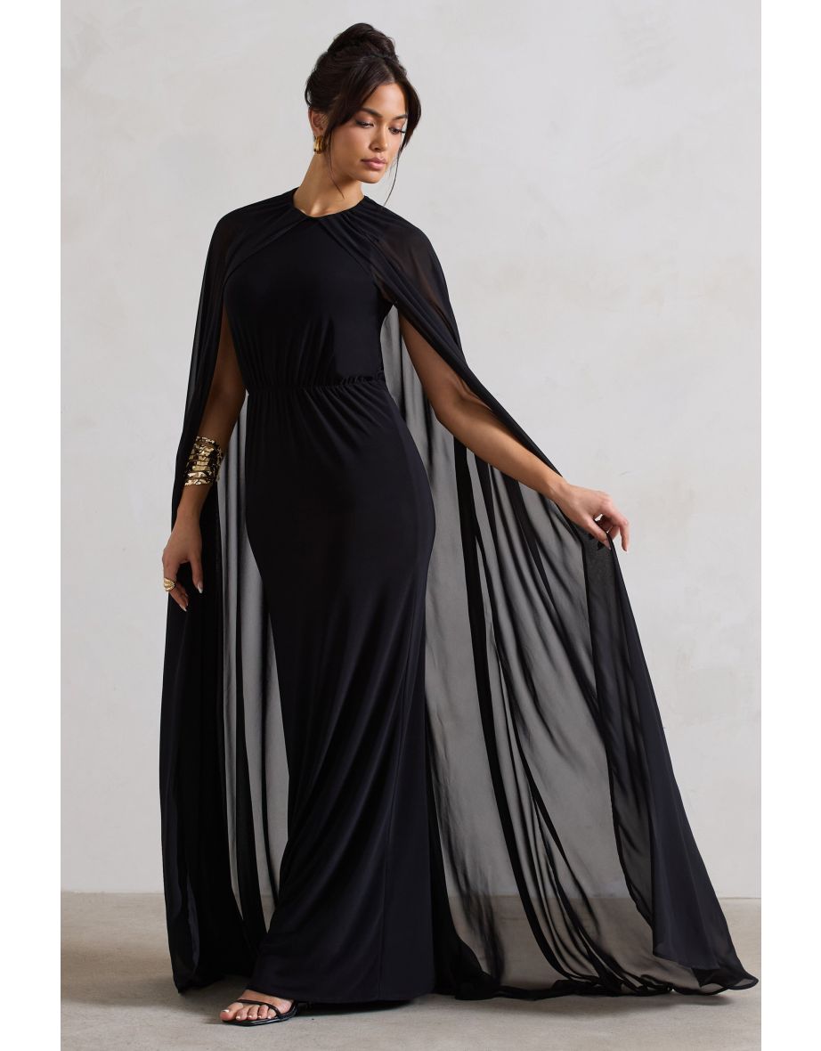 Envy | Black High-Neck Maxi Dress With Chiffon Cape