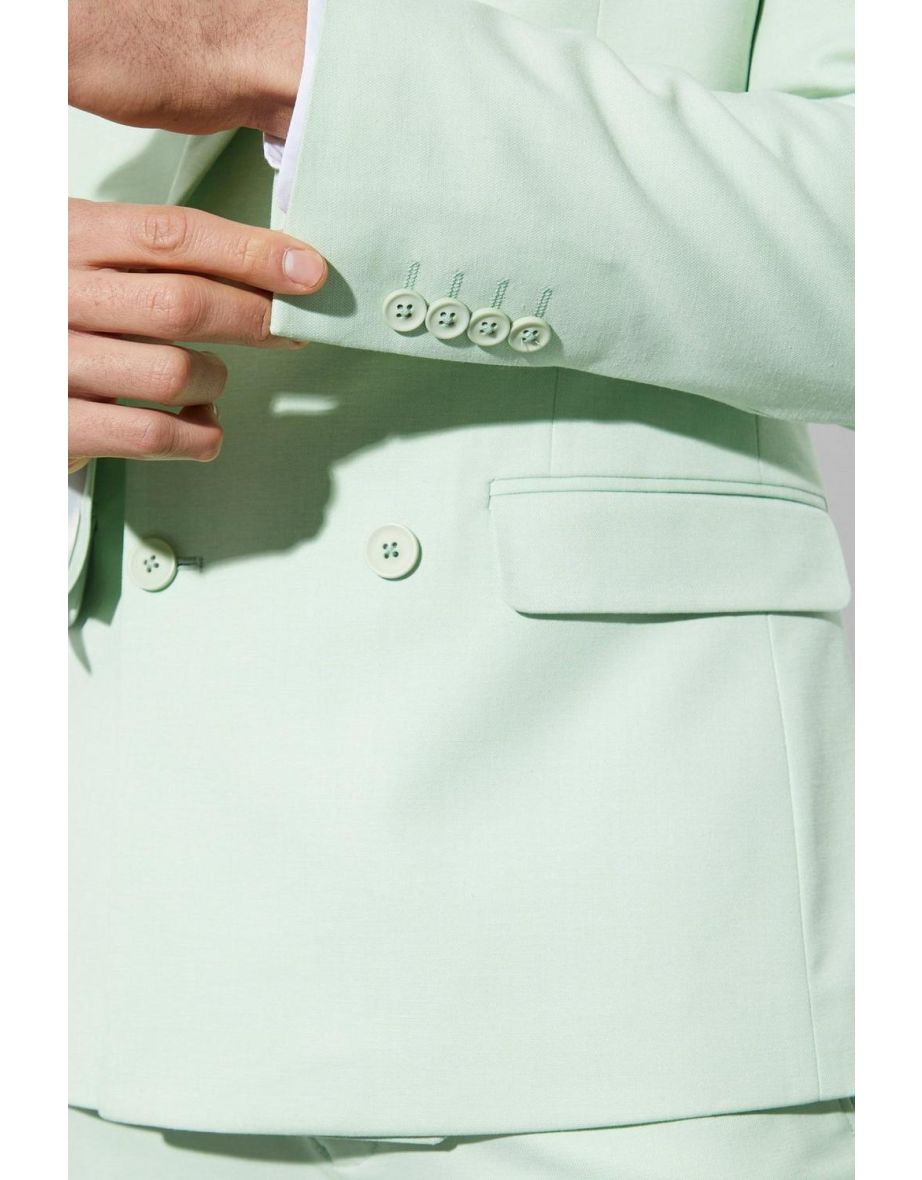Skinny Double Breasted Linen Suit Jacket - light green - 2