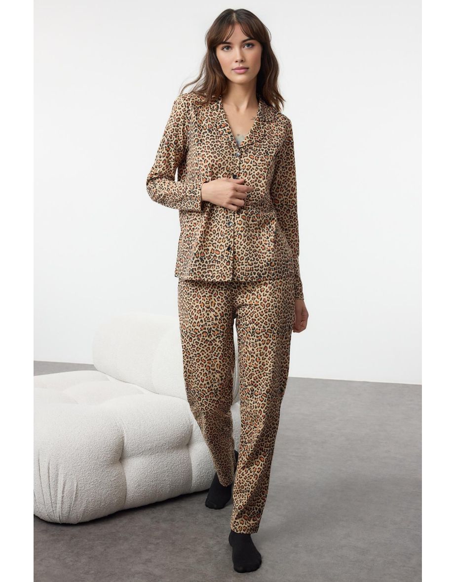Brown Cotton Leopard Patterned Knitted Pajama Set
