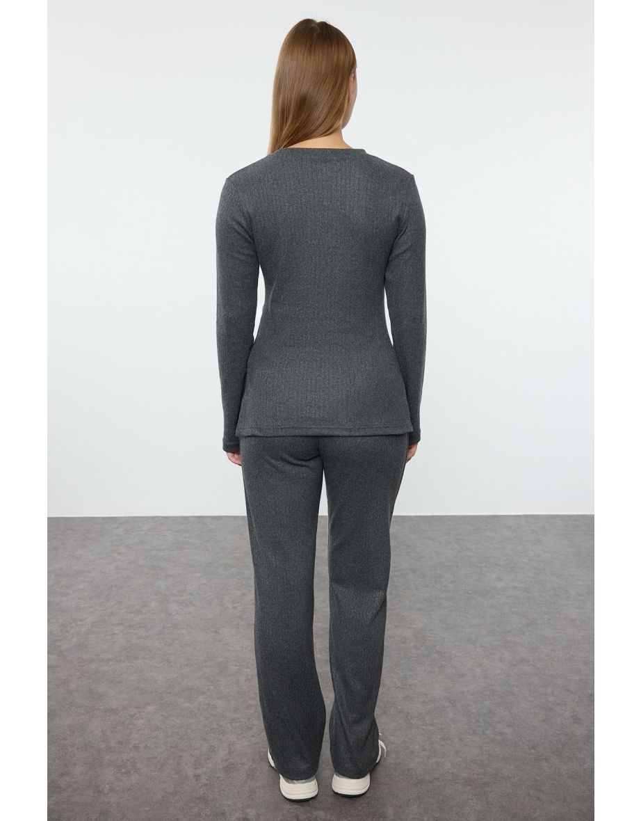 Anthracite Side Slits Regular/Normal Cut Crew Neck Knitted Bottom-Top Set - 4