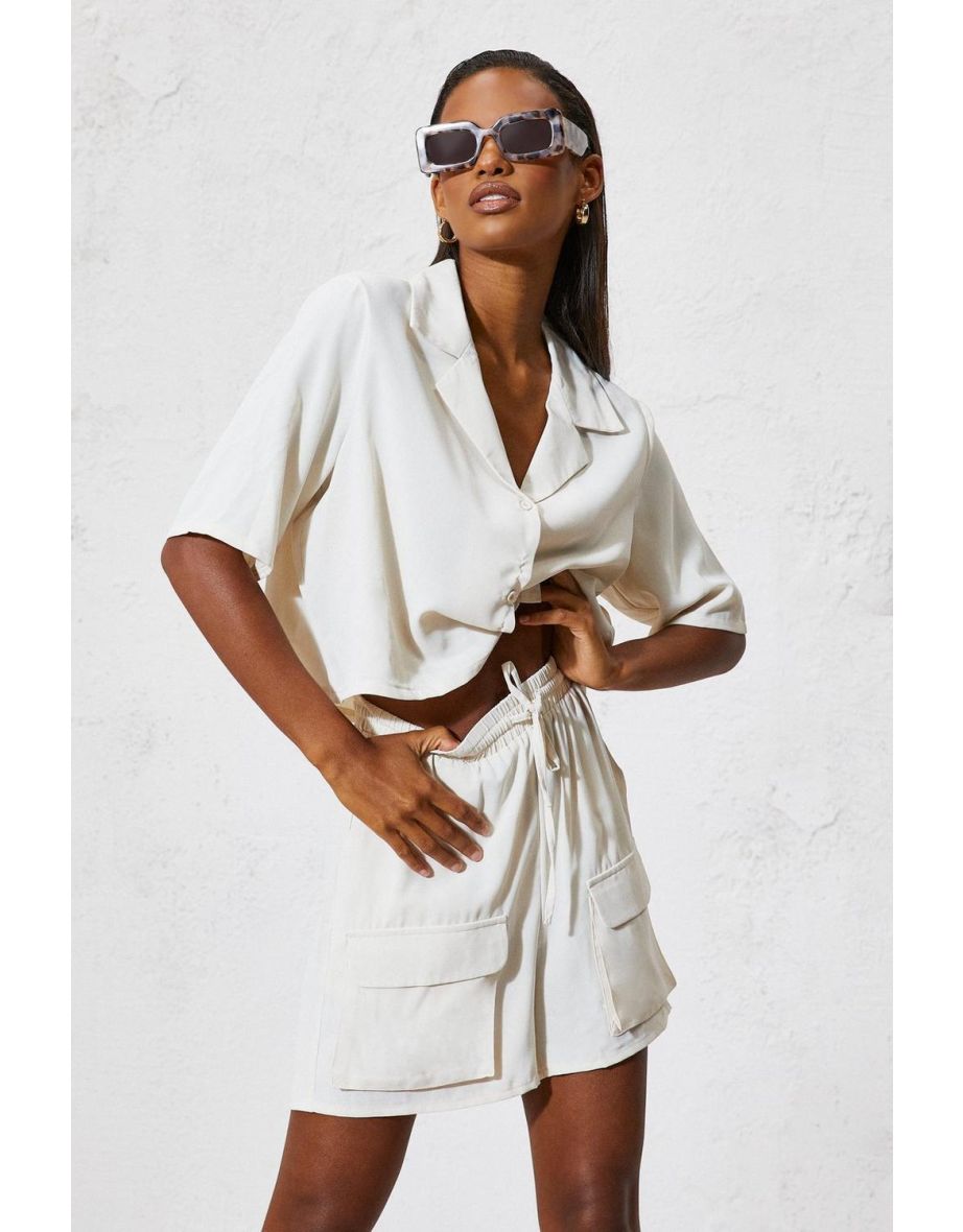 Cheesecloth Cropped Shirt & Shorts Set - cream - 3