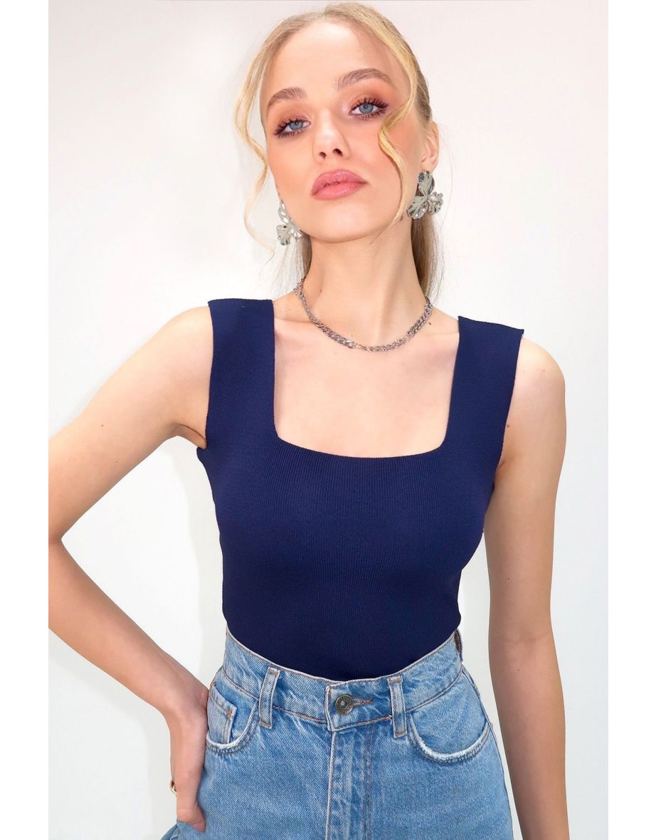 Women's Navy Blue Square Neck Slim Mercerized Top