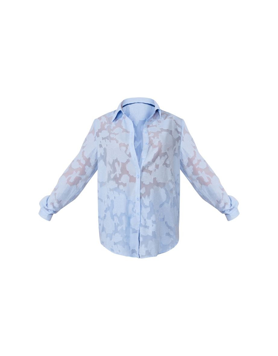 Pale Blue Sheer Floral Textured Long Sleeve Oversized Shirt - 3