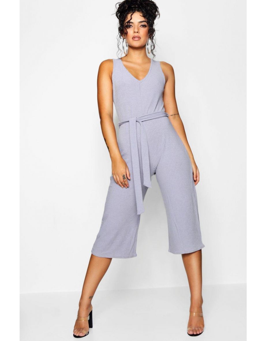 Basic Ribbed Culotte Jumpsuit - silver