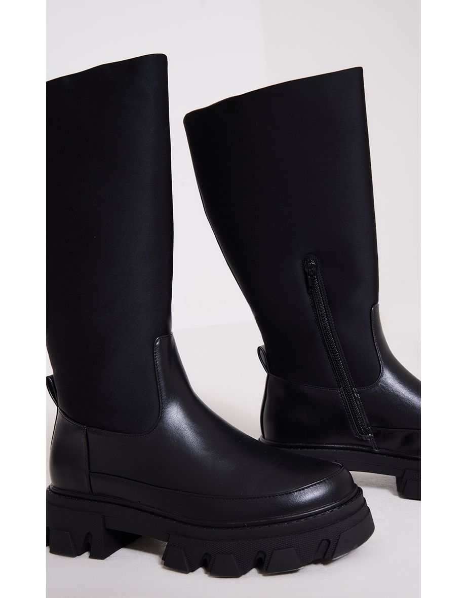 Black Wide Fit Pu Contrast Panel Round Toe Chunky Calf High Boots - 3