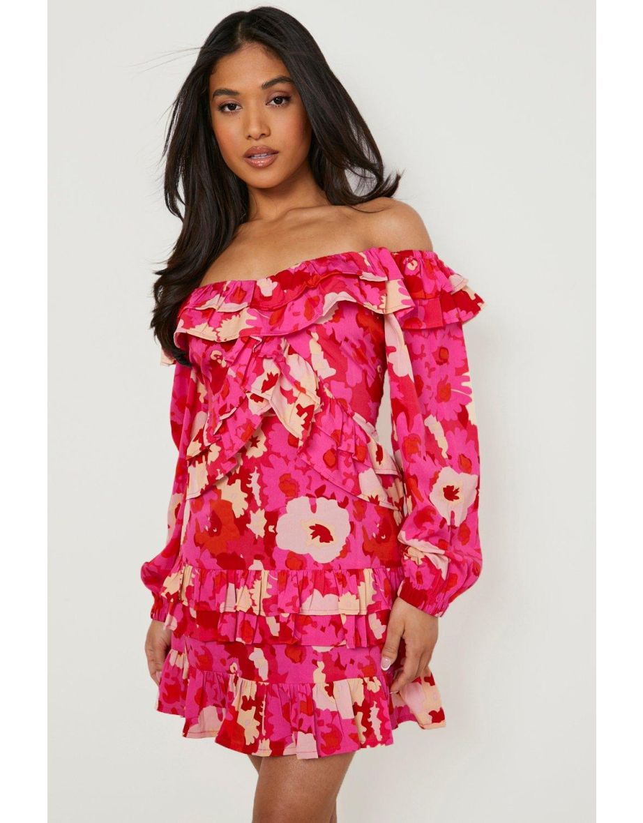 Petite Floral Off Shoulder Ruffle Mini Dress - pink - 3
