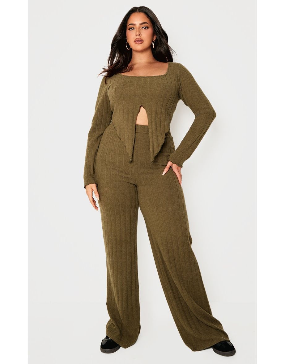 Plus Khaki Soft Touch Ribbed Flares