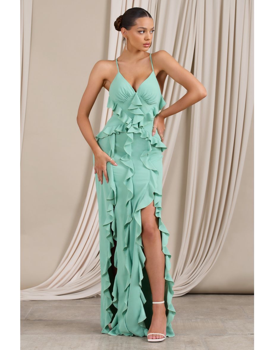 Syra | Mint Green Chiffon Ruffle Cami Maxi Dress - 5