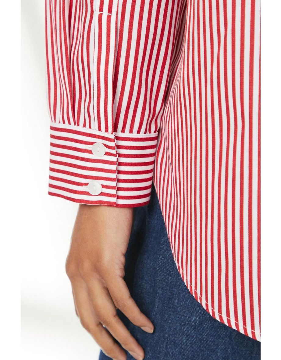 Red Striped Button Front Shirt With Piping Detail - 3
