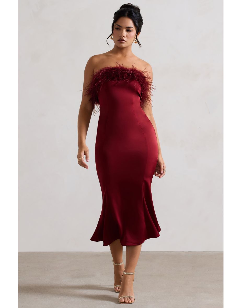 One And Only | Berry Satin Feather Trim Midaxi Dress - 4