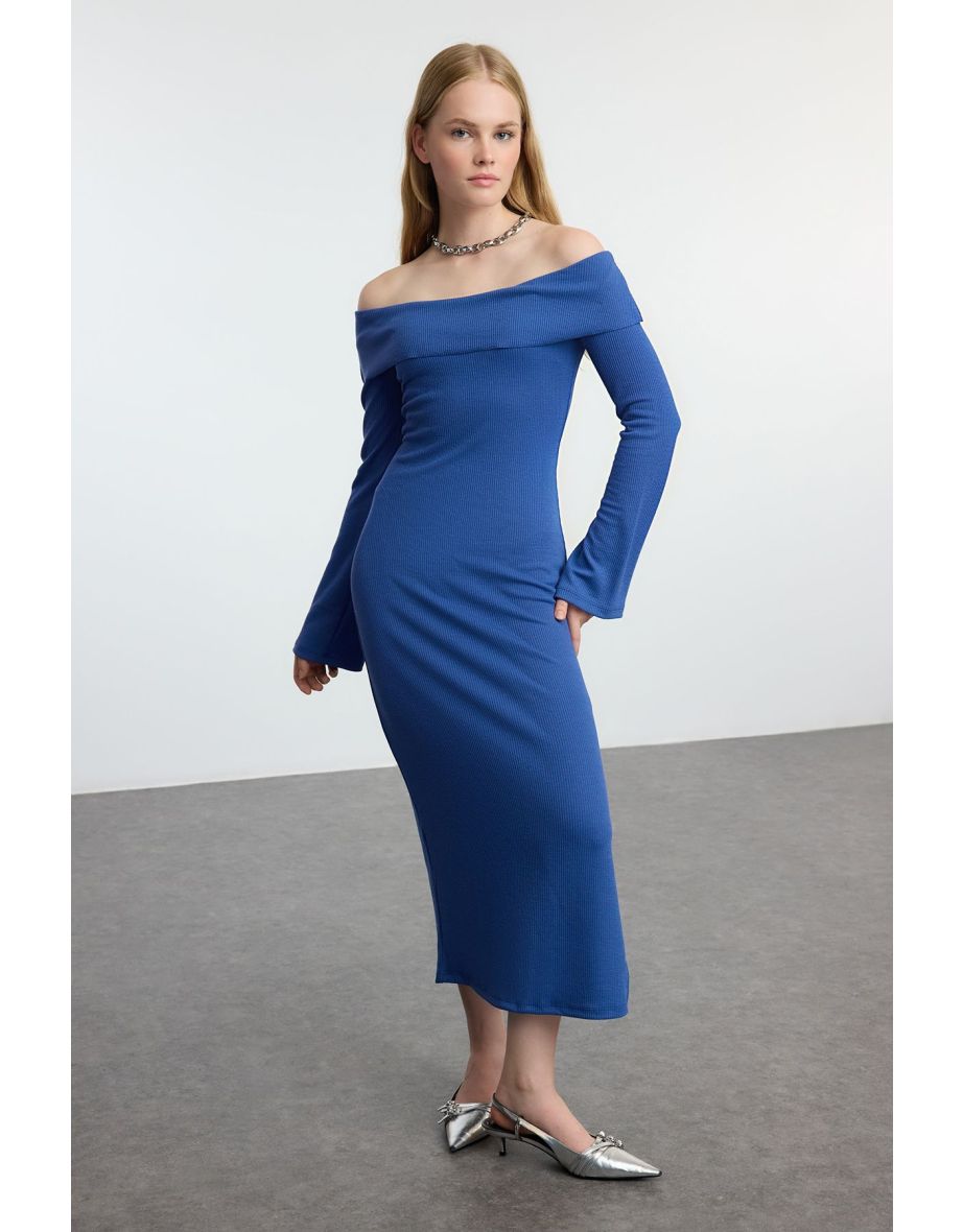 Indigo Fitted Carmen Neck Soft Textured Midi Stretch Knitted Pencil Dress - 4