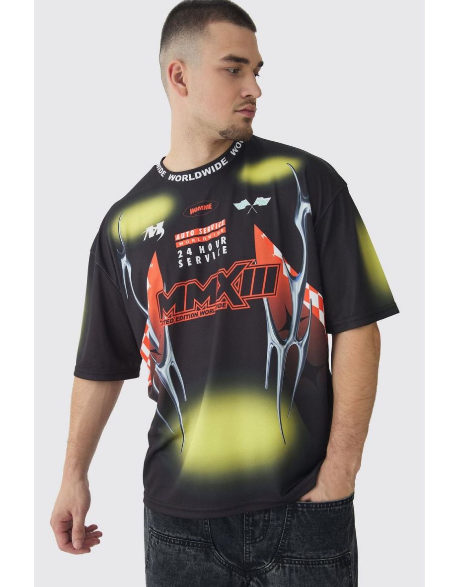 Tall Oversized Boxy Closed Mesh Graffiti Moto Jacquard T-shirt - black