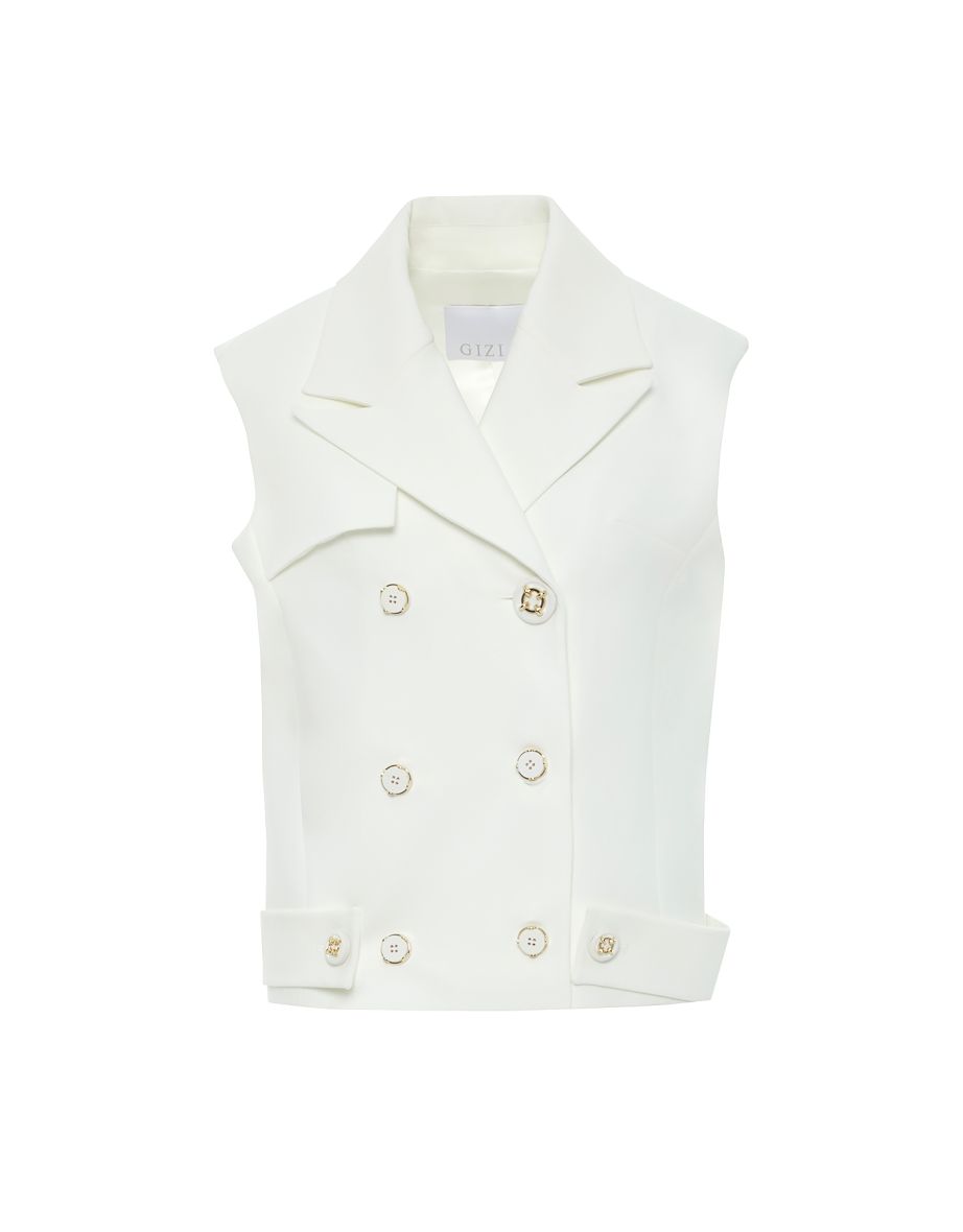 Button Detail Mandarin Collar Ecru Vest