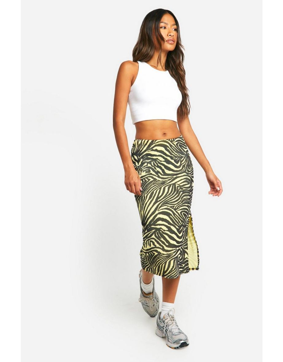 Zebra Print Rib Side Split Midi Skirt - lemon