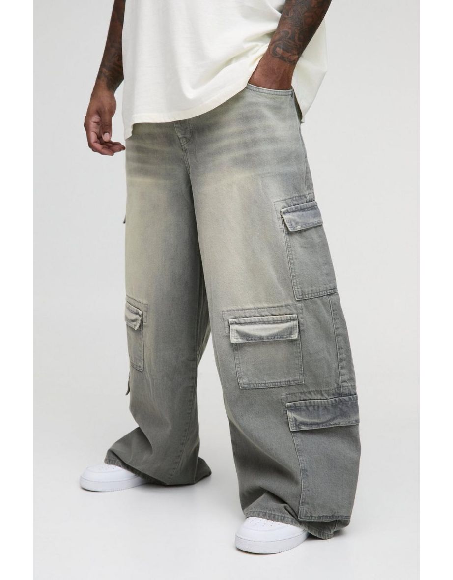 Plus Multi Pocket Baggy Cargo Jeans - grey