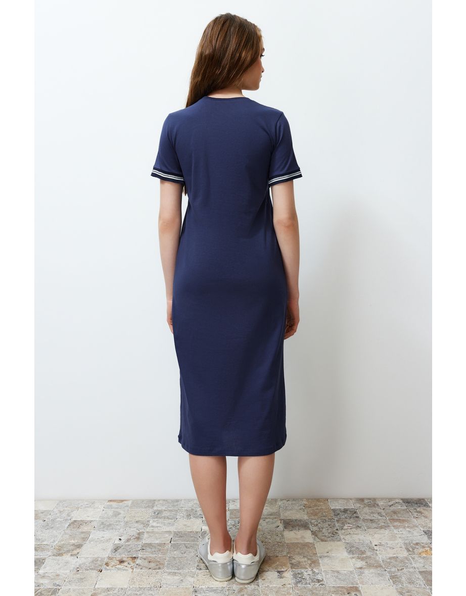 Navy Blue Knitwear Tape Detailed Crew Neck Short Sleeve Flexible Knitted Dress - 5