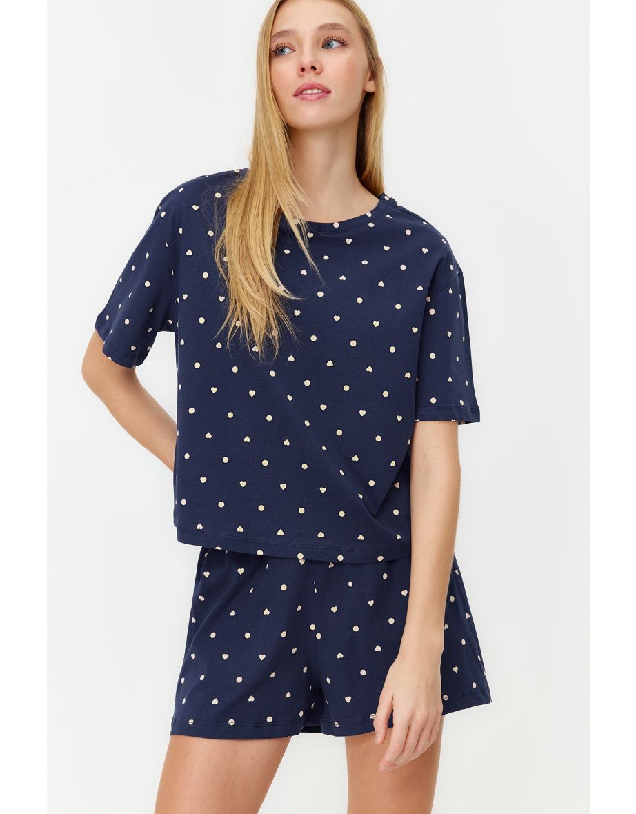 Navy Blue 100% Cotton Heart Patterned T-shirt-Shorts Knitted Pajamas Set