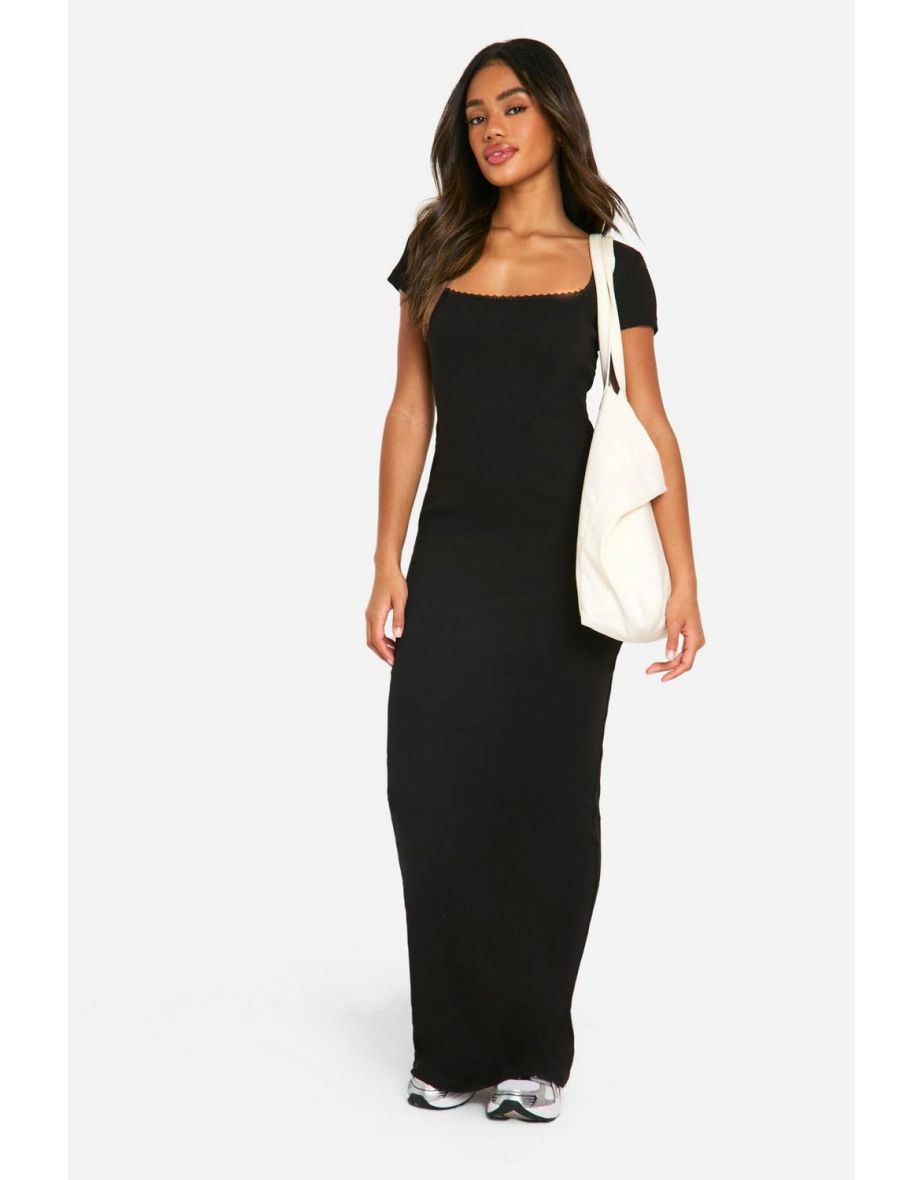 Lace Trim Rib Maxi Dress - black