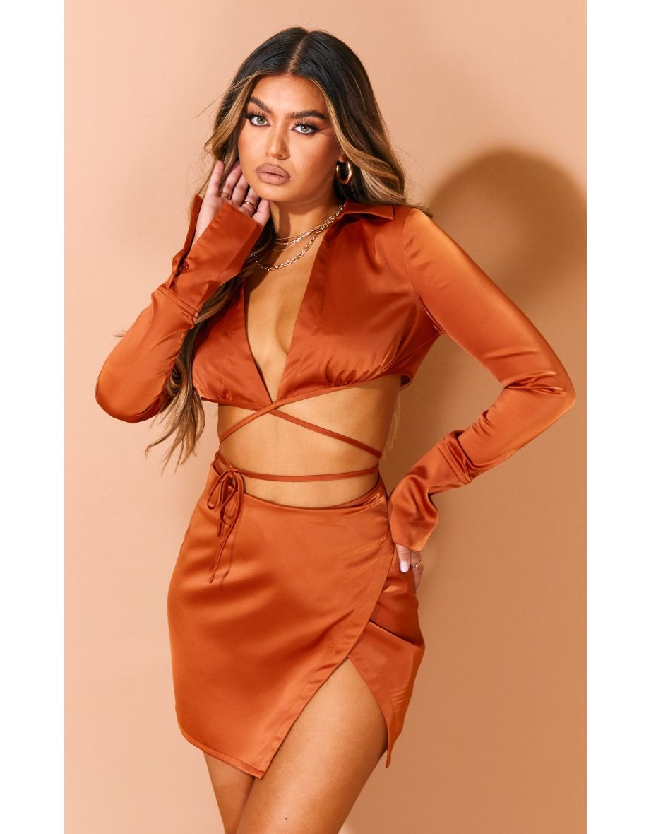 Shop Burnt Orange Satin Tie Wrap Crop Top Online in Qatar VogaCloset