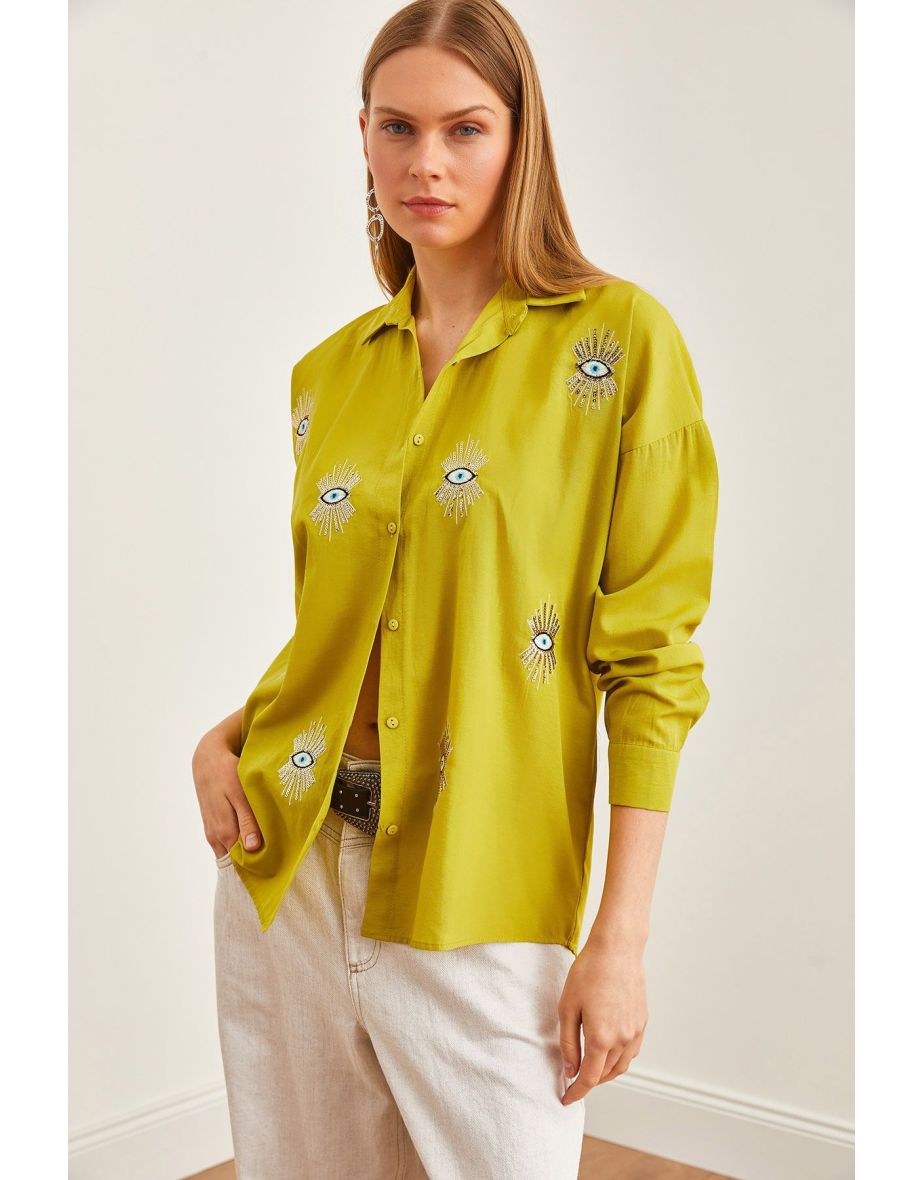 Women's Eye Oil Green Sequin Detailed Woven Boyfriend Shirt